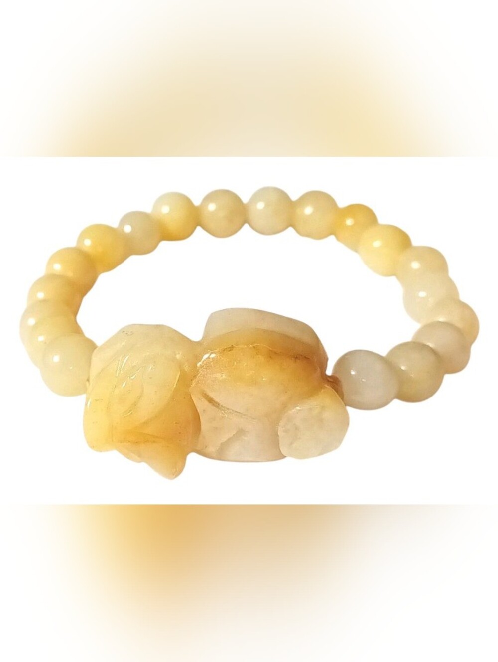 6.5" Honey Jade Shishi Carved Foo Dog Bead Stretch Bracelet ChineseGuardian Lion